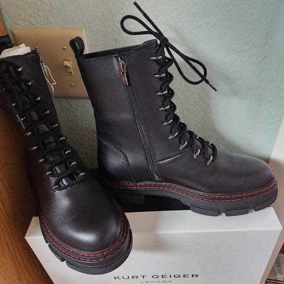 NIB Kurt Geiger London Black Leather Lace or Zip Combat Boots Cool Details! - Picture 4 of 14